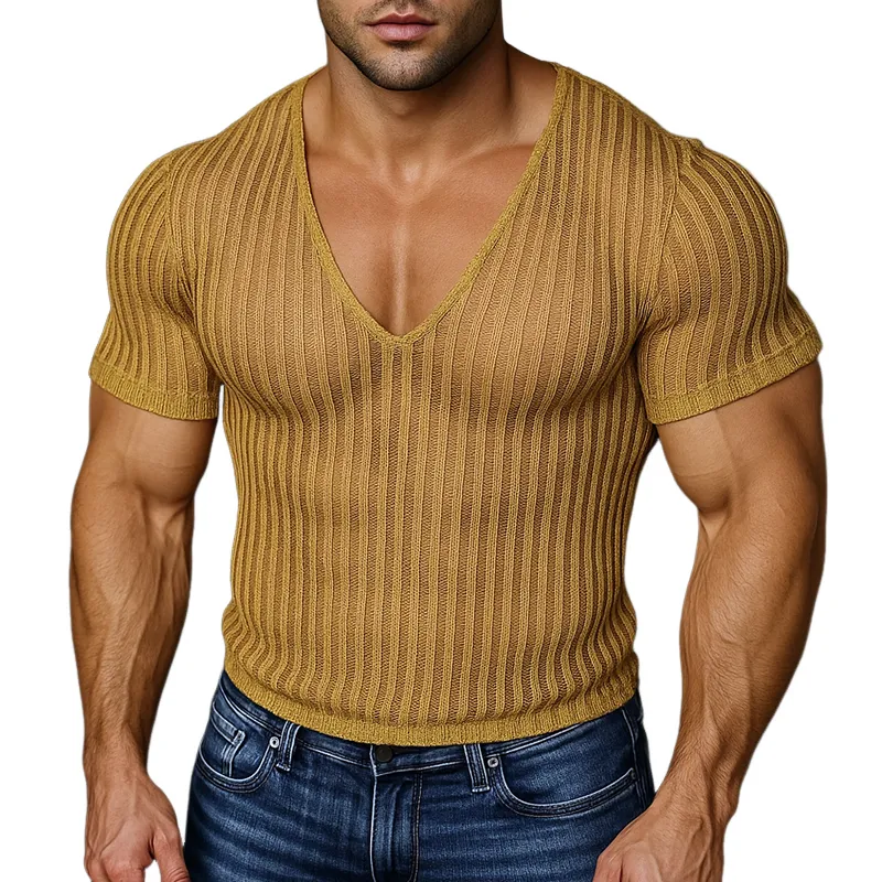 Men's Solid Striped V Neck Short Sleeve Knit T-shirt MTA0877G9Z sold by Manly