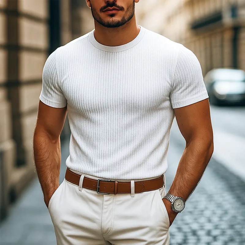 Men's Solid Striped Round Neck Short Sleeve T-shirt MTA0836G9Z sold by Manly product image thumbnail 2