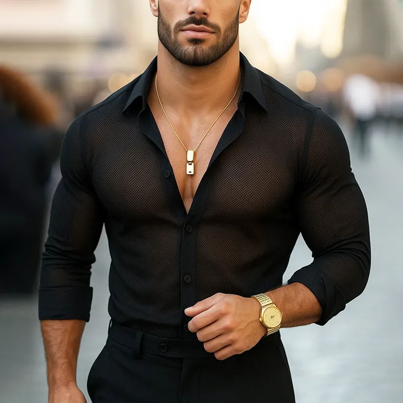 Men's Solid Mesh Semi-transparent Lapel Long Sleeve Shirt MTA0819G6Z sold by Manly product image thumbnail 2