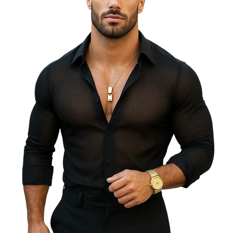 Men's Solid Mesh Semi-transparent Lapel Long Sleeve Shirt MTA0819G6Z sold by Manly