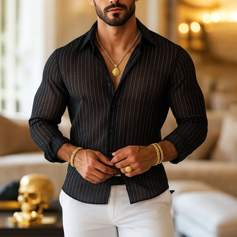 Men's Silver Striped Chiffon Lapel Long Sleeve Shirt MTA0829G4Z sold by Manly product image thumbnail 2