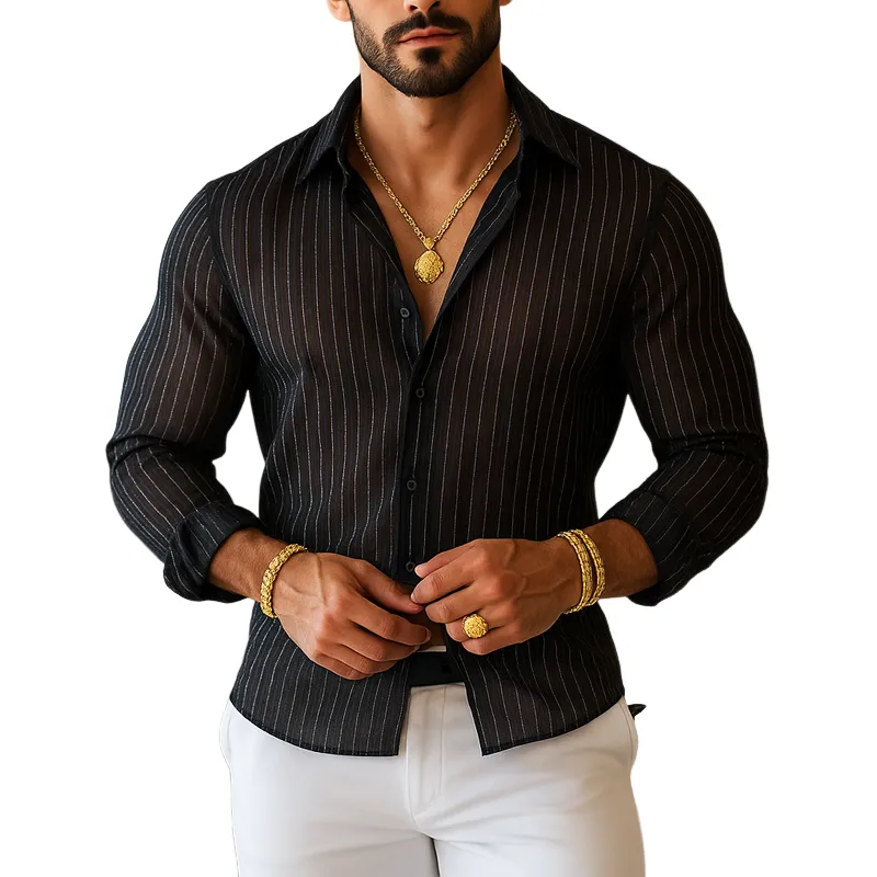Men's Silver Striped Chiffon Lapel Long Sleeve Shirt MTA0829G4Z sold by Manly