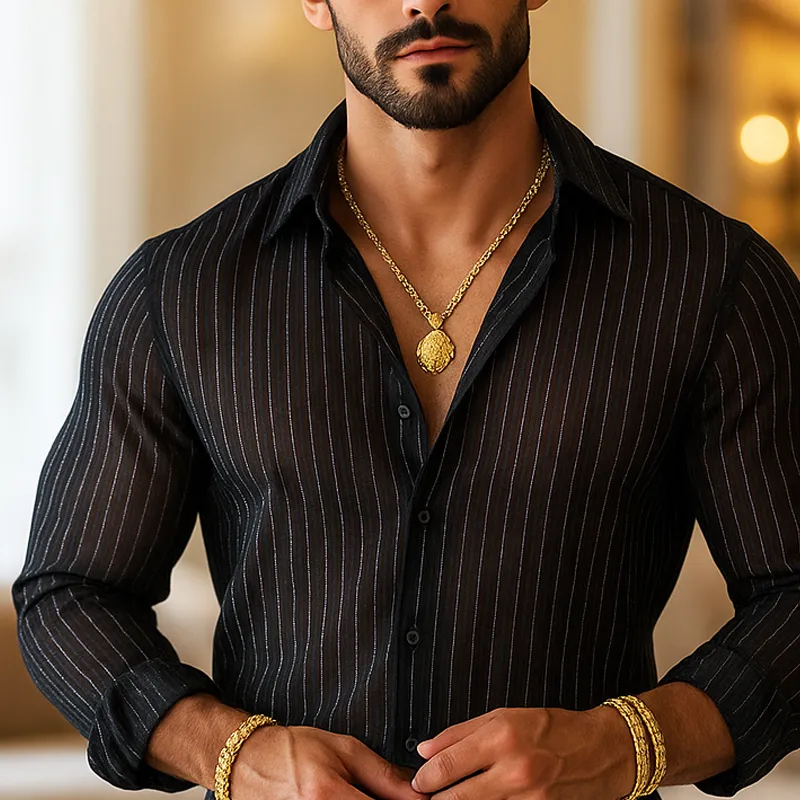 Men's Silver Striped Chiffon Lapel Long Sleeve Shirt MTA0829G4Z sold by Manly product image thumbnail 3