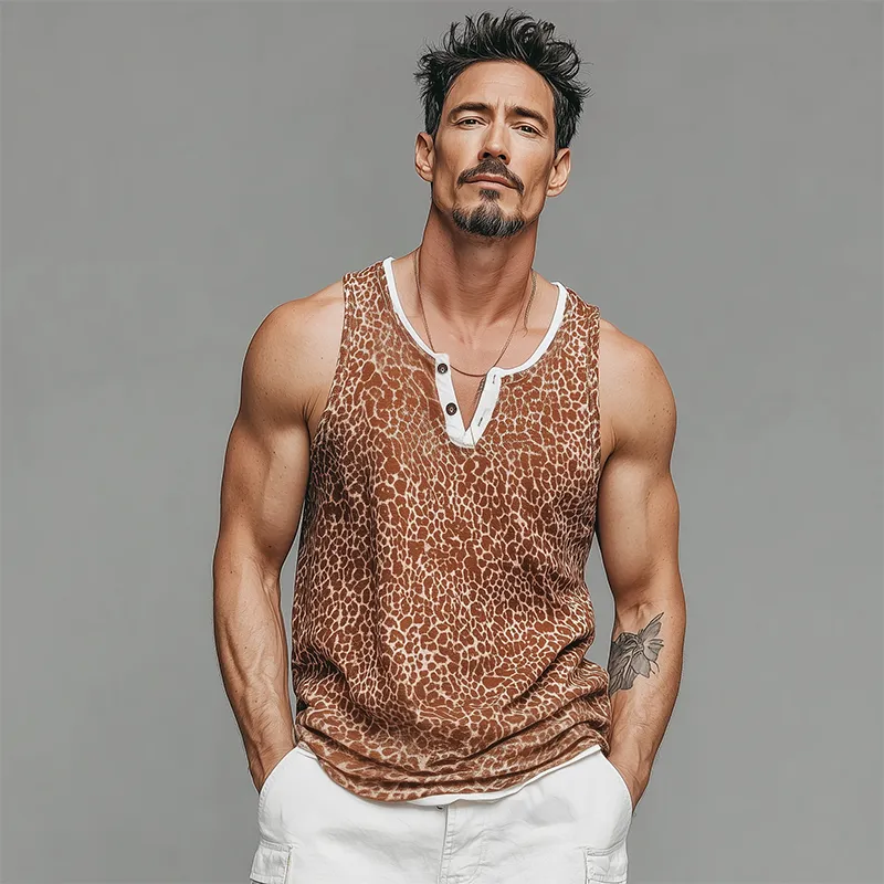 Men's Spring Summer Fashion Casual Cotton Blend Fake Two Piece Leopard Print Henley Collar Tank Top MTA0853G5K sold by Manly product image thumbnail 3