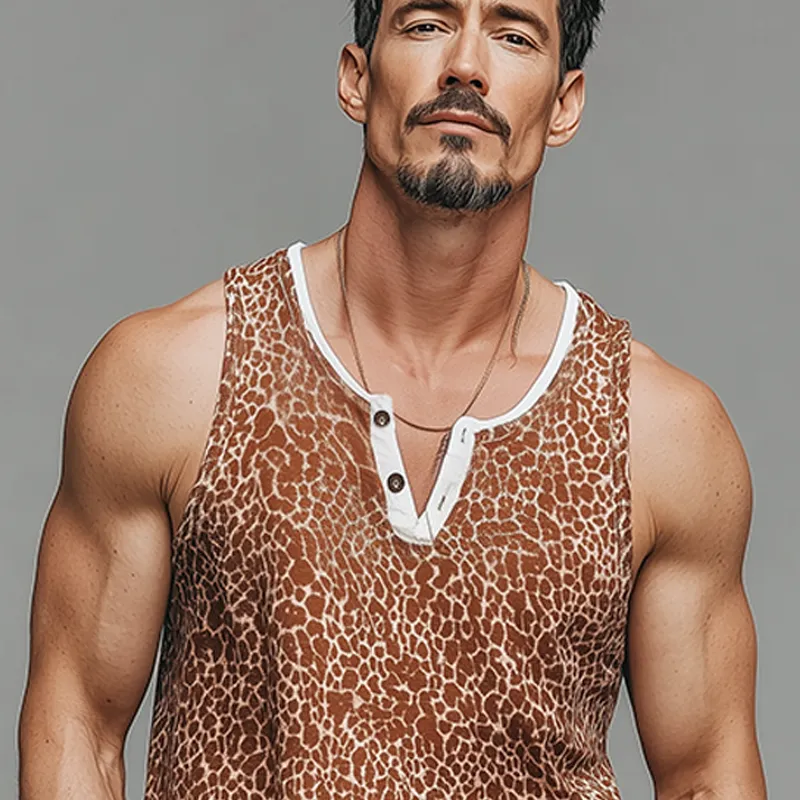 Men's Spring Summer Fashion Casual Cotton Blend Fake Two Piece Leopard Print Henley Collar Tank Top MTA0853G5K sold by Manly product image thumbnail 4