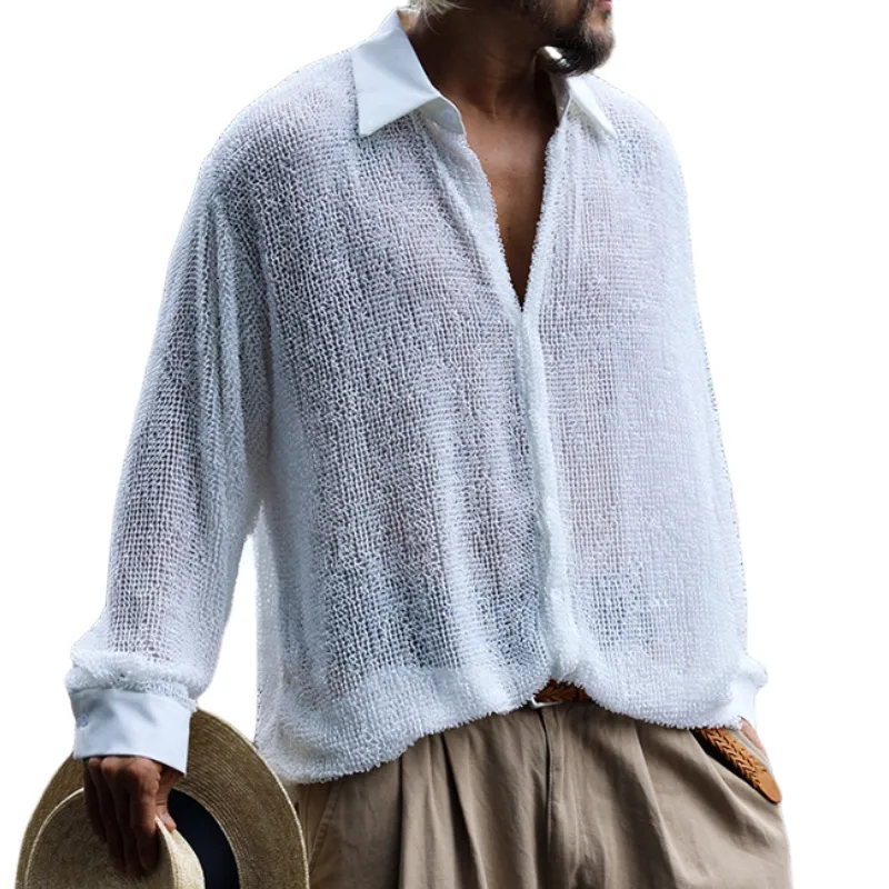 Men's Casual Breathable Hollow Mesh Patchwork Lapel Loose Long-sleeved Shirt MTA0783G5M sold by Manly