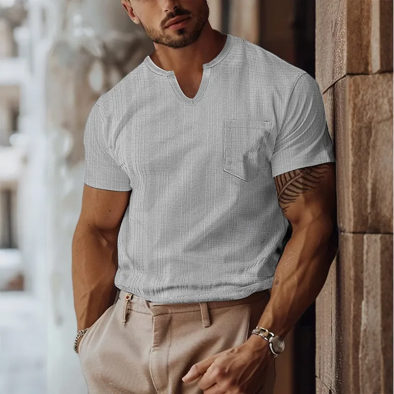 Men's Retro Casual Solid Color Pocket Small V-Neck Short Sleeve T-Shirt MTA0268G5TO sold by Manly product image thumbnail 4