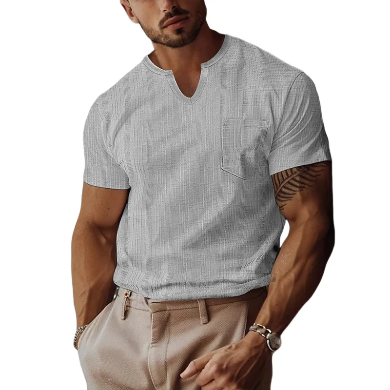 Men's Retro Casual Solid Color Pocket Small V-Neck Short Sleeve T-Shirt MTA0268G5TO sold by Manly