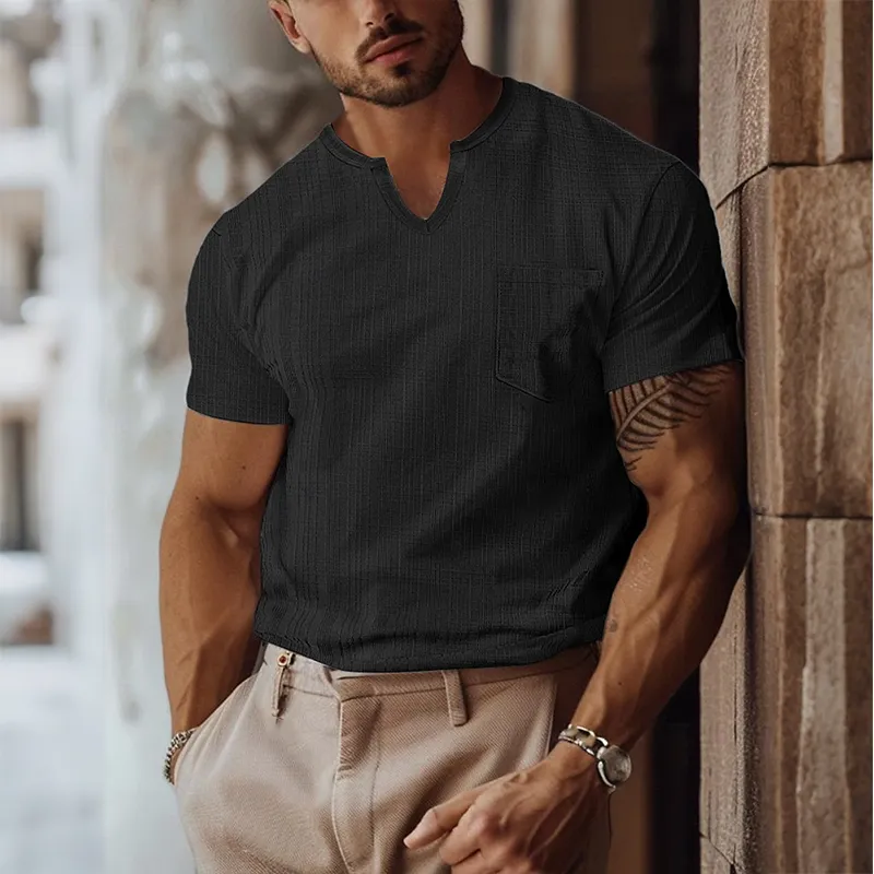 Men's Retro Casual Solid Color Pocket Small V-Neck Short Sleeve T-Shirt MTA0268G5TO sold by Manly product image thumbnail 2