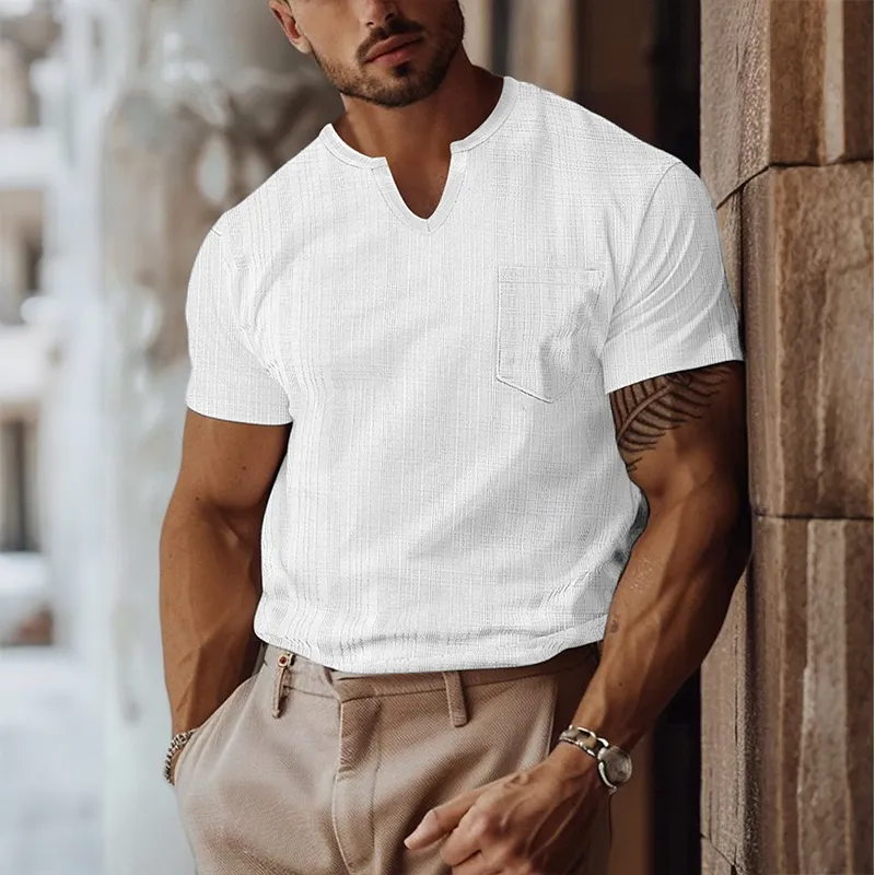 Men's Retro Casual Solid Color Pocket Small V-Neck Short Sleeve T-Shirt MTA0268G5TO sold by Manly product image thumbnail 3