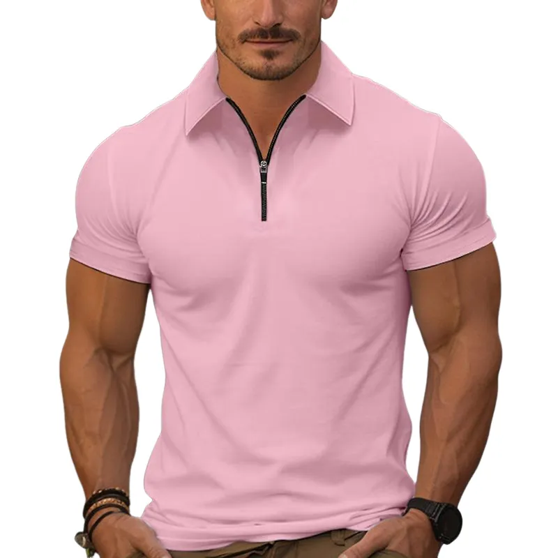 Men's Vintage Casual Solid Color Cotton Zipper Short Sleeve Polo Shirt MTA0255G5TO sold by Manly