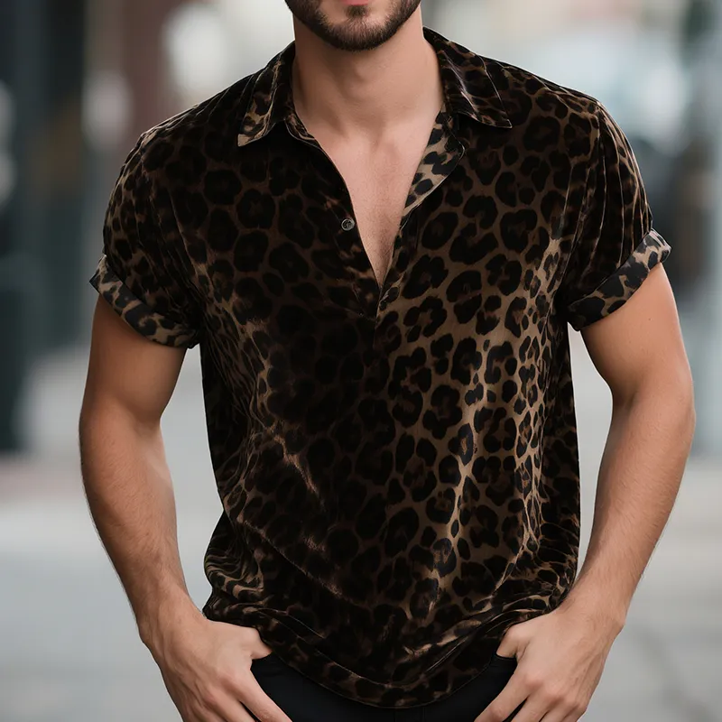 Men's Vintage Velvet Leopard Print Lapel Short Sleeve T-Shirt MTA0751G2TO sold by Manly product image thumbnail 2