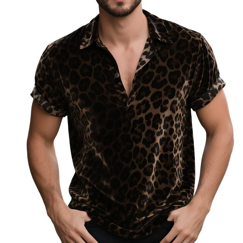 Men's Vintage Velvet Leopard Print Lapel Short Sleeve T-Shirt MTA0751G2TO sold by Manly
