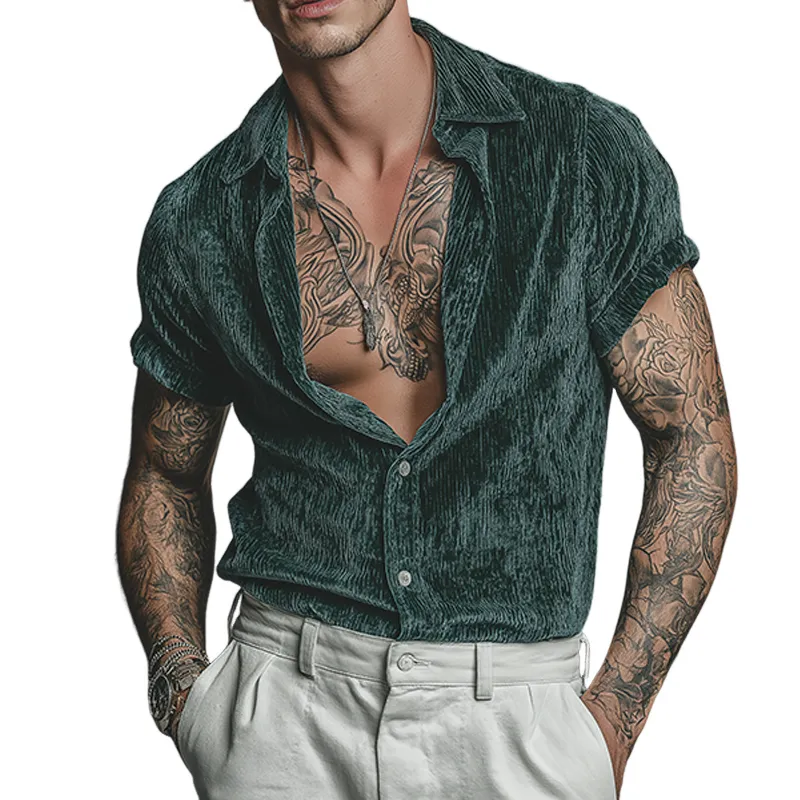 Men's Retro Casual Velvet Lapel Short Sleeve Shirt MTA0757G5TO sold by Manly