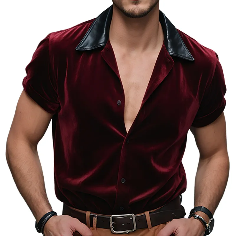 Men's Retro Casual Velvet Leather Lapel Short Sleeve Shirt MTA0768G0TO sold by Manly