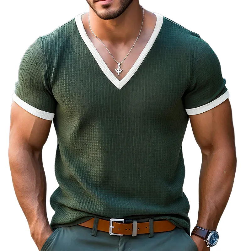 Men's Retro Casual Waffle Colorblock V-Neck Short Sleeve T-Shirt MTA0895G9TO sold by Manly