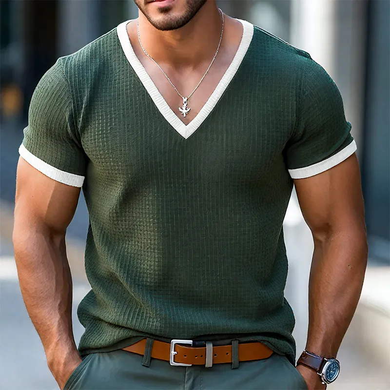 Men's Retro Casual Waffle Colorblock V-Neck Short Sleeve T-Shirt MTA0895G9TO sold by Manly product image thumbnail 2