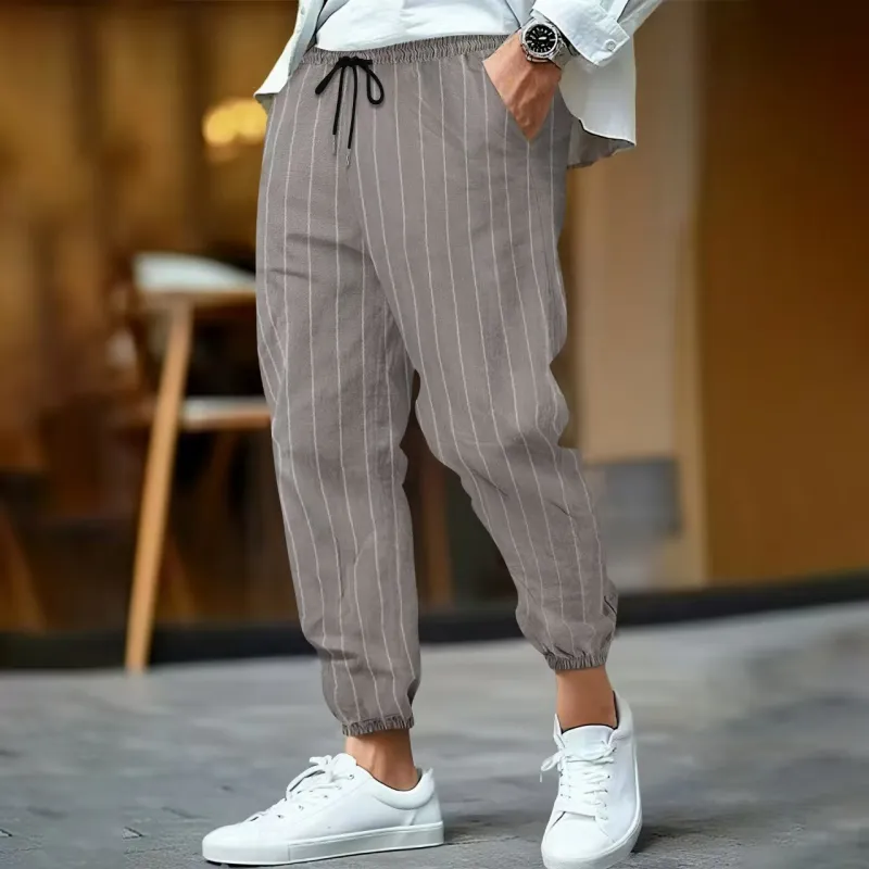 Men's Casual Breathable Cotton Linen Striped Elastic Waist Loose Cuff Pants MTA0758G3M sold by Manly product image thumbnail 3