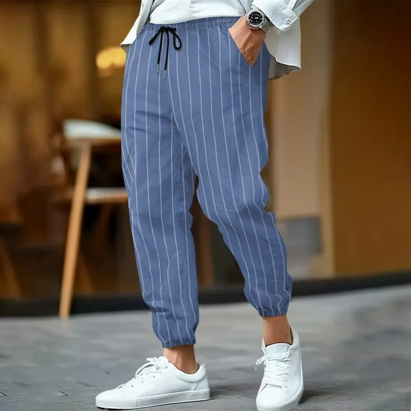 Men's Casual Breathable Cotton Linen Striped Elastic Waist Loose Cuff Pants MTA0758G3M sold by Manly product image thumbnail 2