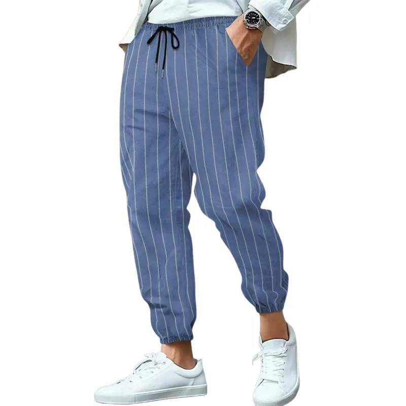 Men's Casual Breathable Cotton Linen Striped Elastic Waist Loose Cuff Pants MTA0758G3M sold by Manly