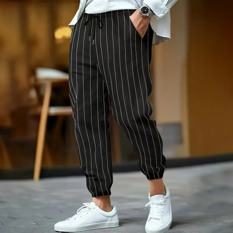 Men's Casual Breathable Cotton Linen Striped Elastic Waist Loose Cuff Pants MTA0758G3M sold by Manly product image thumbnail 4
