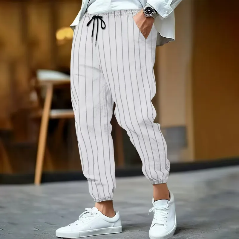 Men's Casual Breathable Cotton Linen Striped Elastic Waist Loose Cuff Pants MTA0758G3M sold by Manly product image thumbnail 5