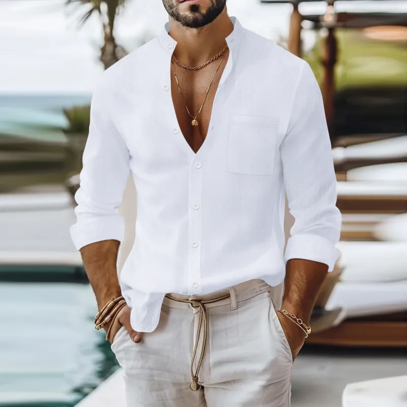 Men's Casual Breathable Solid Color Cotton Linen Stand-up Collar Patch Pocket Slim Fit Long Sleeve Shirt MTA0781G1M sold by Manly product image thumbnail 4