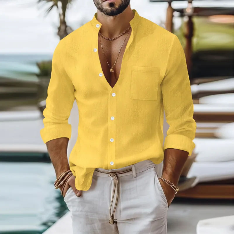 Men's Casual Breathable Solid Color Cotton Linen Stand-up Collar Patch Pocket Slim Fit Long Sleeve Shirt MTA0781G1M sold by Manly product image thumbnail 2