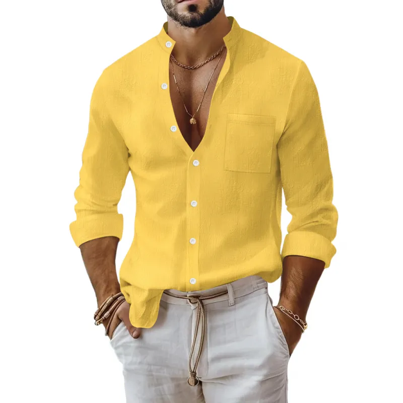 Men's Casual Breathable Solid Color Cotton Linen Stand-up Collar Patch Pocket Slim Fit Long Sleeve Shirt MTA0781G1M sold by Manly