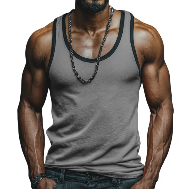 Men's Casual Breathable Skin-friendly Colorblock Cotton U-neck Patch Pocket Slim Tank Top MTA0798G1M sold by Manly product image thumbnail 2