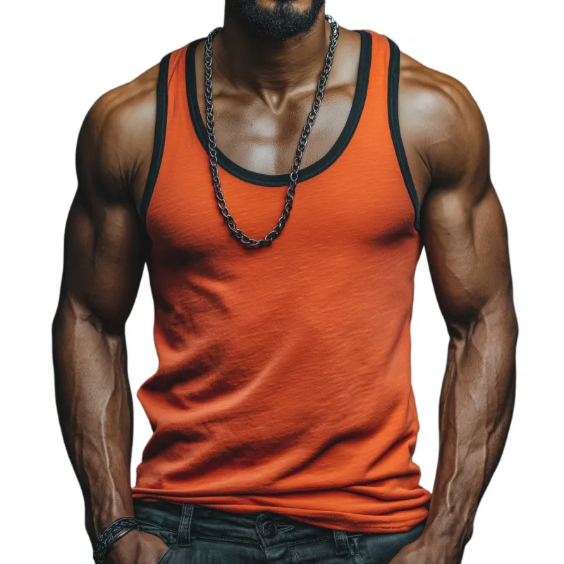 Men's Casual Breathable Skin-friendly Colorblock Cotton U-neck Patch Pocket Slim Tank Top MTA0798G1M sold by Manly