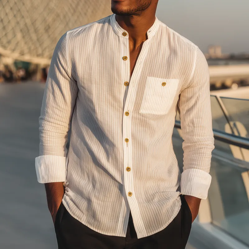 Men's Casual Breathable Cotton Striped Stand Collar Patch Pocket Slim Fit Long Sleeve Shirt MTA0752G8M sold by Manly product image thumbnail 3