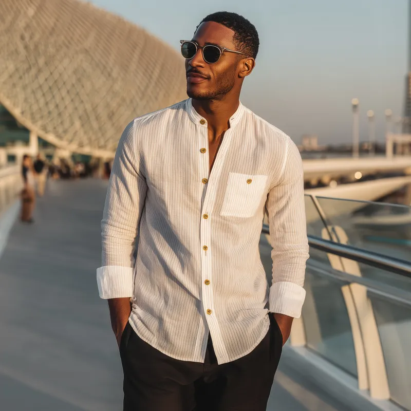 Men's Casual Breathable Cotton Striped Stand Collar Patch Pocket Slim Fit Long Sleeve Shirt MTA0752G8M sold by Manly product image thumbnail 2