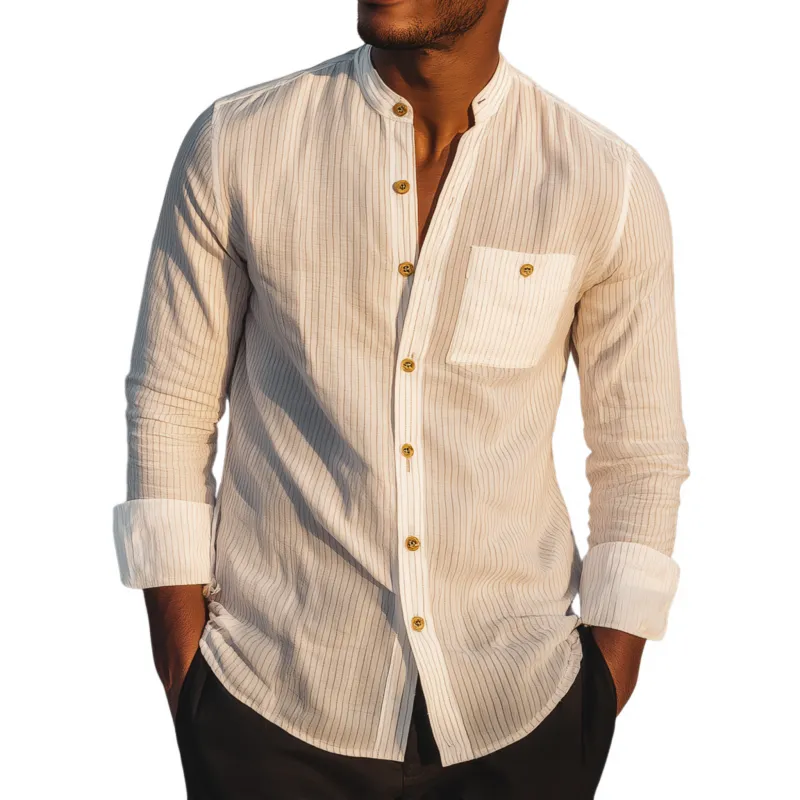 Men's Casual Breathable Cotton Striped Stand Collar Patch Pocket Slim Fit Long Sleeve Shirt MTA0752G8M sold by Manly