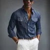 Men's Casual Breathable Cotton Linen Lapel Chest Pocket Slim Fit Long Sleeve Shirt MTA0757G1M sold by Manly