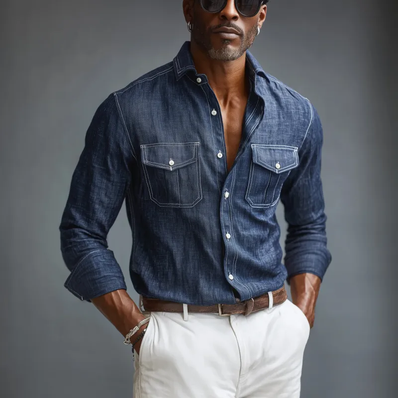 Men's Casual Breathable Cotton Linen Lapel Chest Pocket Slim Fit Long Sleeve Shirt MTA0757G1M sold by Manly product image thumbnail 3