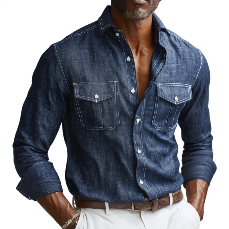 Men's Casual Breathable Cotton Linen Lapel Chest Pocket Slim Fit Long Sleeve Shirt MTA0757G1M sold by Manly