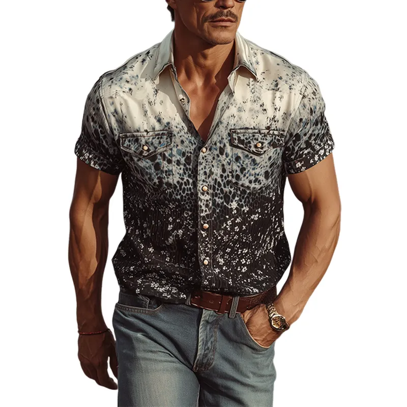 Men's Spring And Summer Fashion Casual Satin Art Gradient Print Slim Fit Short Sleeve Shirt MTA0804G7K sold by Manly