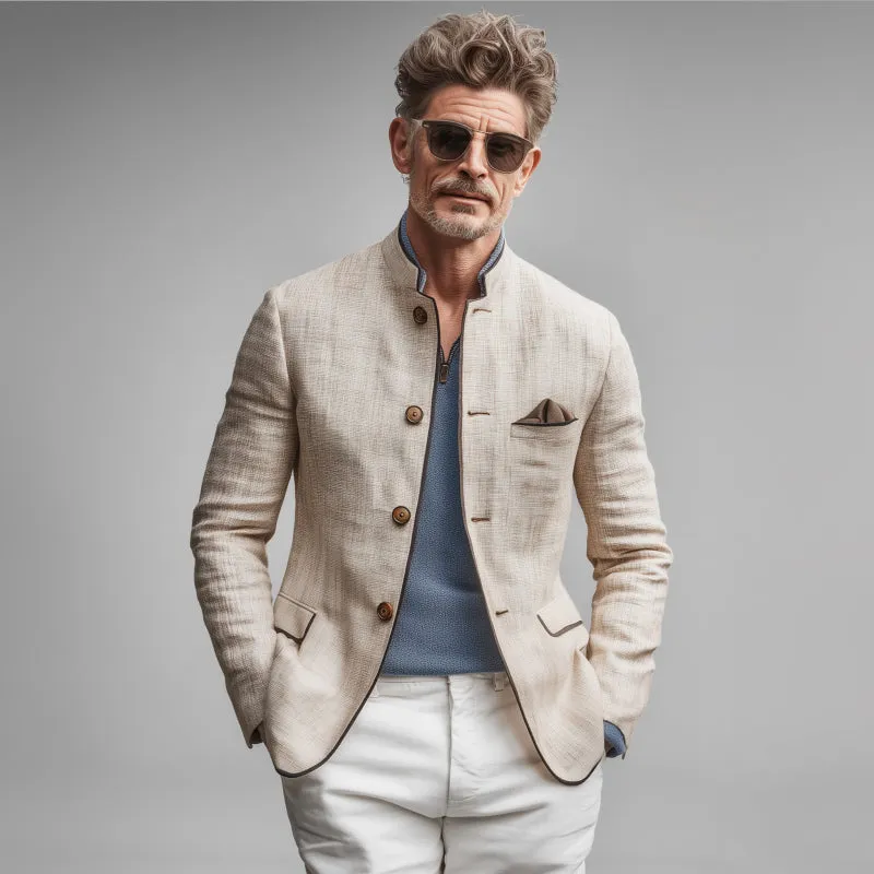 Men's Vintage Elegant Contrast Color Hemming Breathable Linen Stand Collar Single Breasted Slim Fit Blazer MTA0750G8M sold by Manly product image thumbnail 3