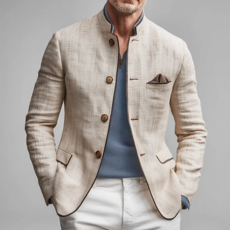 Men's Vintage Elegant Contrast Color Hemming Breathable Linen Stand Collar Single Breasted Slim Fit Blazer MTA0750G8M sold by Manly product image thumbnail 2