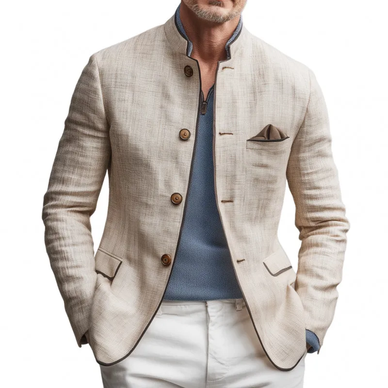 Men's Vintage Elegant Contrast Color Hemming Breathable Linen Stand Collar Single Breasted Slim Fit Blazer MTA0750G8M made by Manly