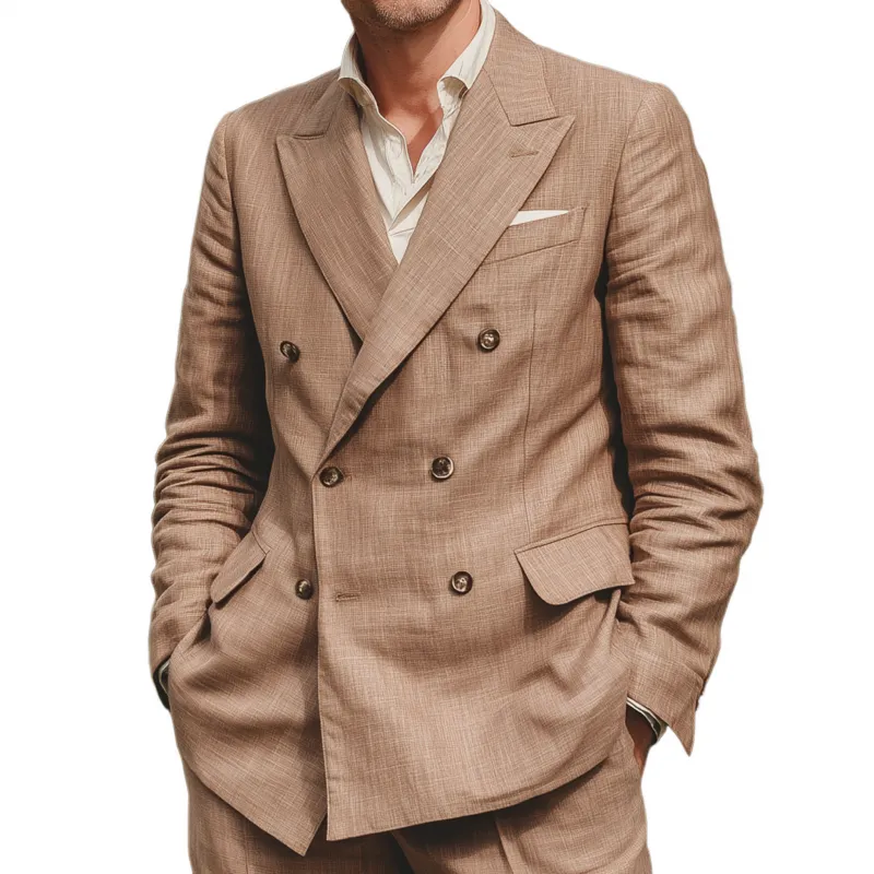 Men's Vintage Elegant Breathable Linen Peak Lapel Double Breasted Slim Fit Blazer MTA0788G2M sold by Manly