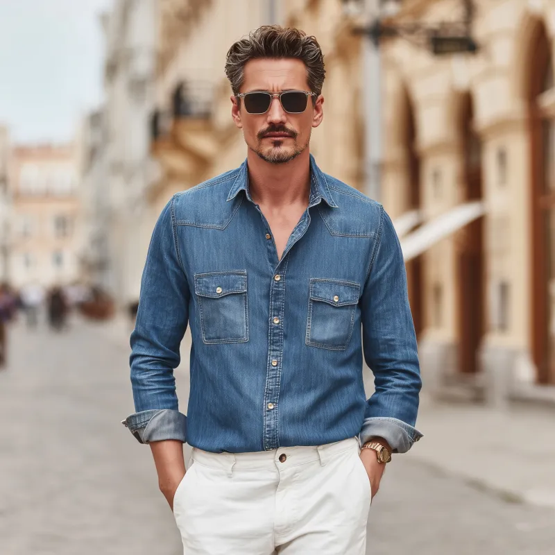 Men's Vintage Denim Washed Distressed Lapel Chest Pocket Slim Fit Western Cowboy Long Sleeve Shirt MTA0785G8M sold by Manly product image thumbnail 3
