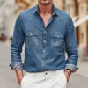 Men's Vintage Denim Washed Distressed Lapel Chest Pocket Slim Fit Western Cowboy Long Sleeve Shirt MTA0785G8M sold by Manly