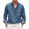 Men's Vintage Denim Washed Distressed Lapel Chest Pocket Slim Fit Western Cowboy Long Sleeve Shirt MTA0785G8M sold by Manly