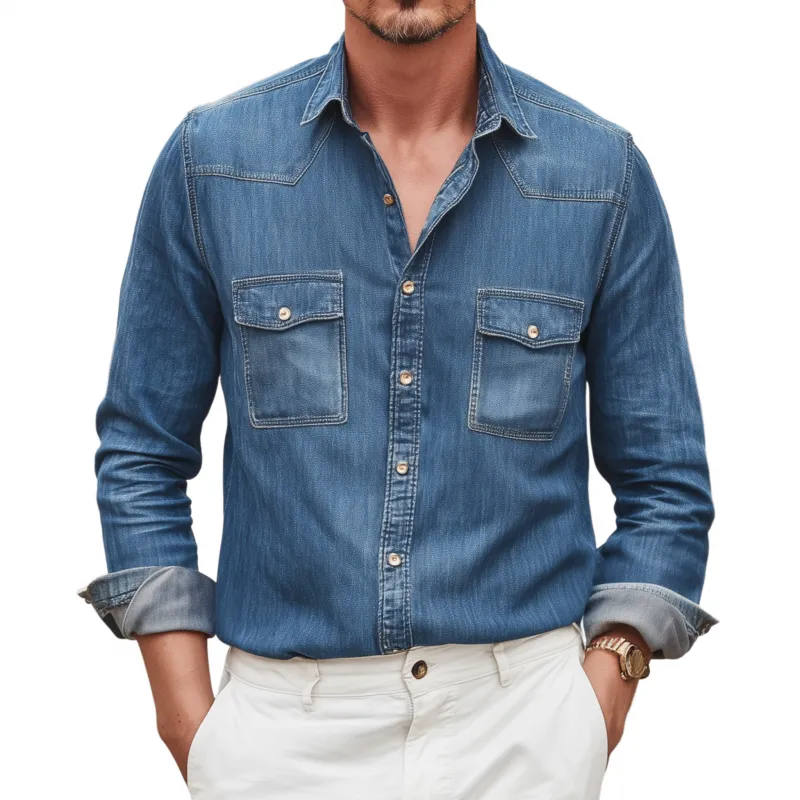 Men's Vintage Denim Washed Distressed Lapel Chest Pocket Slim Fit Western Cowboy Long Sleeve Shirt MTA0785G8M sold by Manly