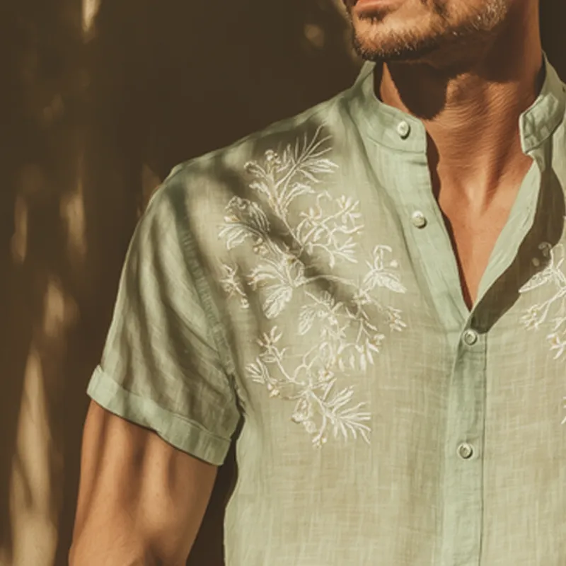 Men's Summer Classic Cotton Embroidered Stand Collar Short Sleeve Shirt MTA0792G9U sold by Manly product image thumbnail 4