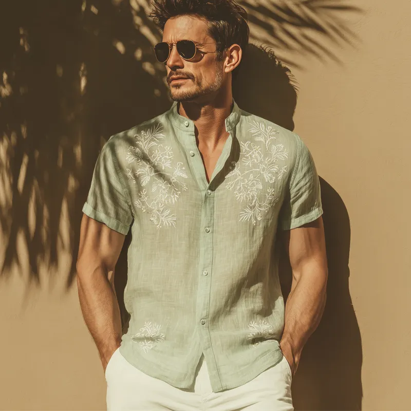 Men's Summer Classic Cotton Embroidered Stand Collar Short Sleeve Shirt MTA0792G9U sold by Manly product image thumbnail 3