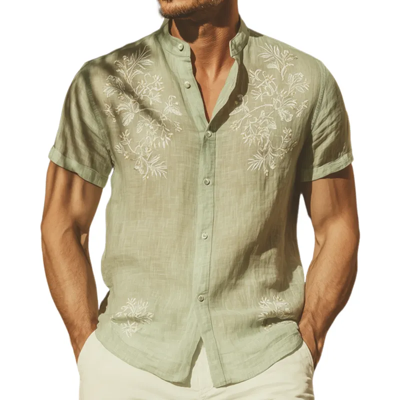 Men's Summer Classic Cotton Embroidered Stand Collar Short Sleeve Shirt MTA0792G9U sold by Manly