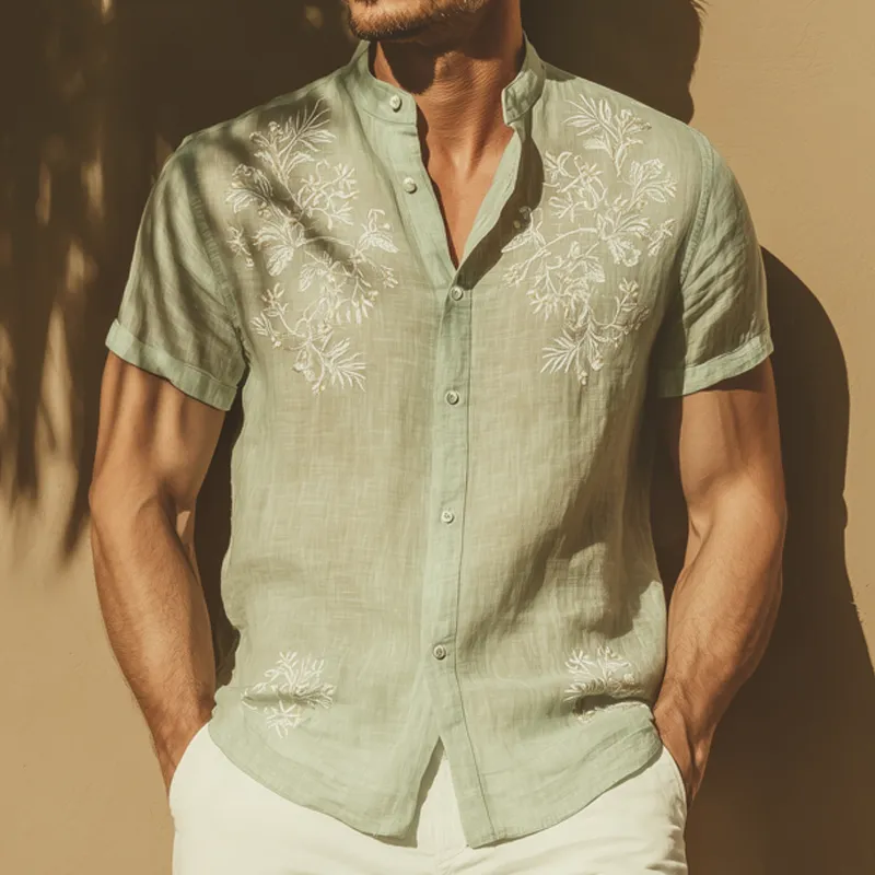 Men's Summer Classic Cotton Embroidered Stand Collar Short Sleeve Shirt MTA0792G9U sold by Manly product image thumbnail 2